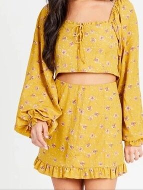 Altar'd State Mustard Floral Ruffle Mini Skirt
